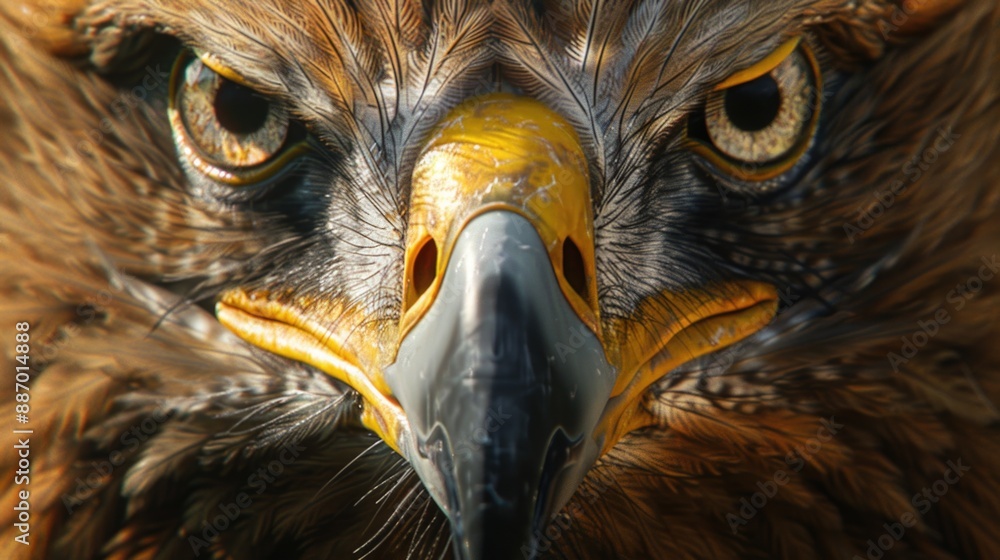 Poster a close-up shot of a bird of prey's face, highlighting its sharp features