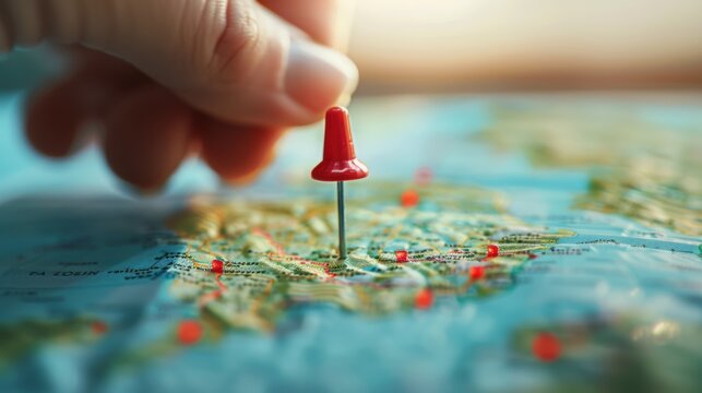 A close up shot of a map pin being placed on a map, highlighting a specific city or country.