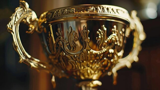 A shiny gold trophy placed on a flat surface, ideal for sports or recognition awards