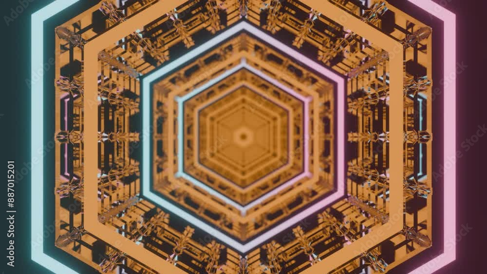 Poster enter a cuttingedge hexagonal light tunnel filled with vivid colors in a futuristic setting. design