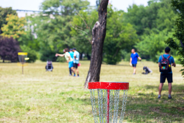 People playing flying disc golf sport game