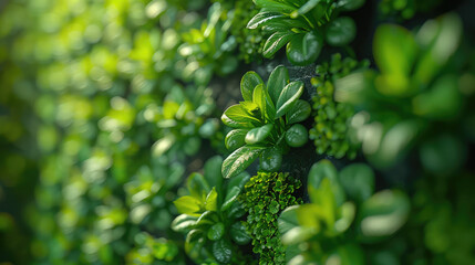 Green living wall with perennial plants in modern office. Urban gardening landscaping interior design. Fresh green vertical plant wall inside office