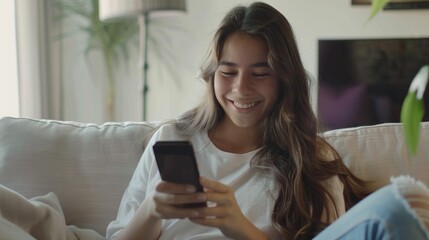 A young woman with long brown hair, wearing a white t-shirt and blue jeans, smiles as she sits on a white couch and looks at her phone