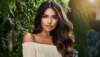 gorgeous woman over greenery background, AI generated