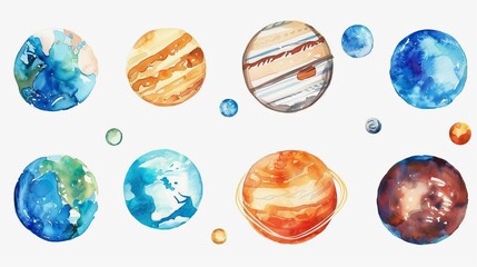 Collection of eight watercolor illustrations portraying planets with beautiful detail and colors, perfect for use in educational and artistic projects related to space and astronomy.