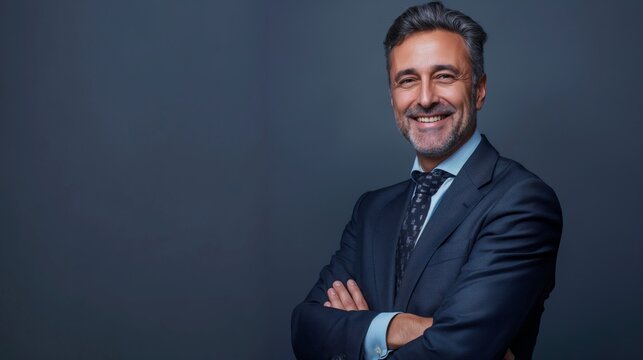 Confident MiddleAged Southern European Businessman Posing in Suit, Ideal for Professional and Corporate Settings