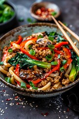 bowl of stir-fried udon noodles with bok choy, red bell peppers, mushrooms, and ground meat, garnished with sesame seeds and green onions