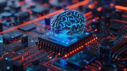 3D rendering ai digital brain floating above an AI chip. integration of artificial intelligence with technology and the computer engineering video game concept. 
