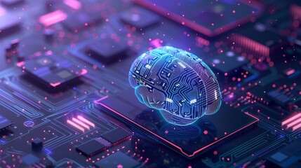 3D rendering ai brain with microchips on it is floating above an electronic circuit board, a theme of artificial intelligence and technology. symbolises advanced AI in computer engineering