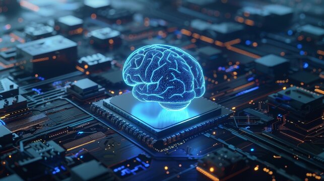 3D rendering of ai digital brain floating above an AI chip. integration of artificial intelligence with technology - Powered by Adobe