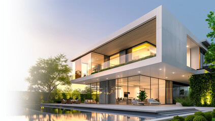 Fototapeta premium Luxurious Modern Home with Pool and Glass Walls at Sunset