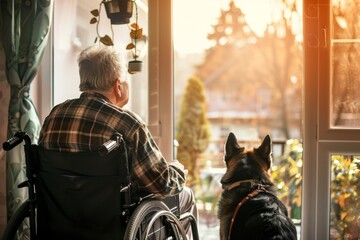 Elderly man in a wheelchair with a dog by the window.
