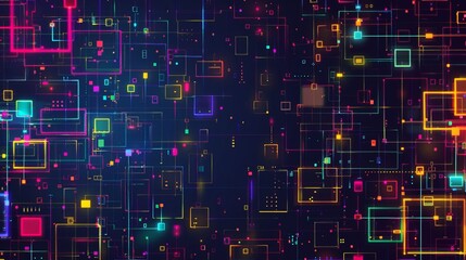 Fototapeta premium A complex yet visually appealing image featuring a grid of colorful rectangles and lines representing a sophisticated digital network. Neon hues create depth and movement.