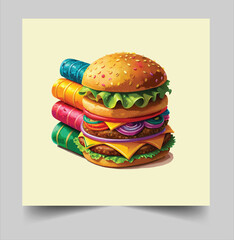 Delicious burger with many ingredients isolated on white background Tasty cheeseburger splash vector design