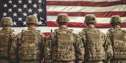 Obraz premium The Vigilant Guardians of Freedom: A group of soldiers in formation, their backs to the camera, with an American flag waving behind them.