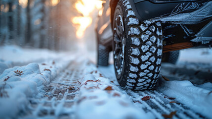 ground level view of a car wheel with snow tire in winter