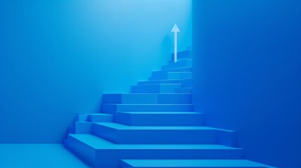 A blue staircase with a white arrow points up, making you want to go up and move forward. The background is blue, and the staircase is shown in 3D.