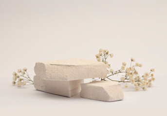White Stones platform podium, dry flower twig on beige light background. Minimal empty display...