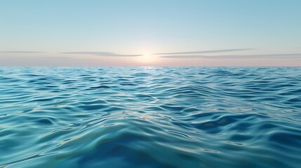 Fototapeta premium Serene azure waves cresting under a clear sky, reflecting a gradient from deep navy to cerulean. Gentle ripples carry the hues of sunset.