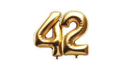 Shiny Golden Foil Balloons Forming Number 42 - Celebratory Decor on White Background