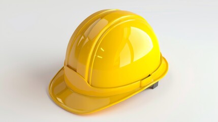 Fototapeta premium A bright yellow hardhat, used for safety, is shown on a plain white background. A 3D illustration of this protective headgear, typically worn by construction workers and handymen, is also included.