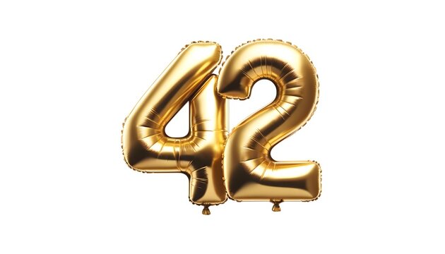 Shiny Golden Foil Balloons Forming Number 42 - Celebratory Decor on White Background