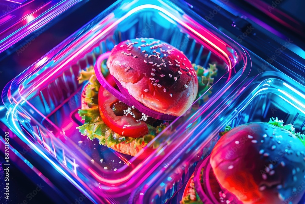Poster a close-up shot of a hamburger on a tray, perfect for editorial or commercial use