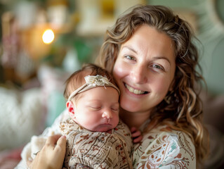 Obraz premium Mother holding her newborn baby in the early morning