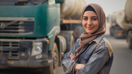 Fototapeta premium Confident Young Middle Eastern Woman in Hijab Smiling Near Trucks, Transportation Industry, Diversity in Workforce