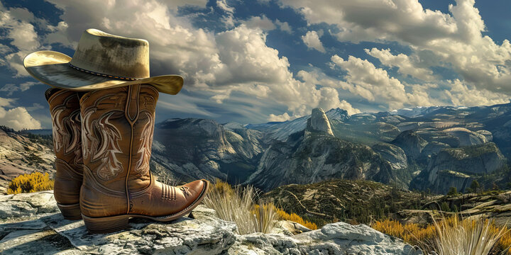 The Intrepid Explorers of the Frontier: A rugged landscape, with a pair of cowboy boots planted firmly on a stone outcrop, and a Stetson hat resting nearby.