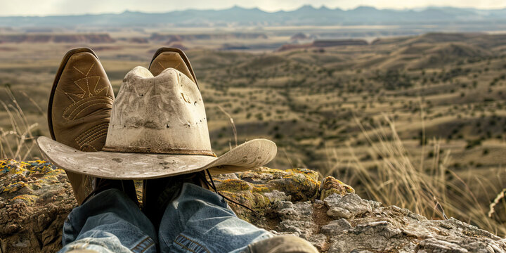 The Intrepid Explorers of the Frontier: A rugged landscape, with a pair of cowboy boots planted firmly on a stone outcrop, and a Stetson hat resting nearby.