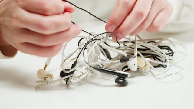 Young woman trying to untangle the headphones close-up. Tangled wires on table. Trying to untangle many messy cables