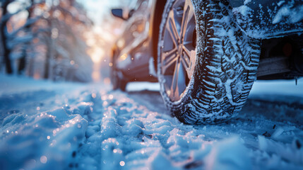 ground level view of a car wheel with snow tire in winter