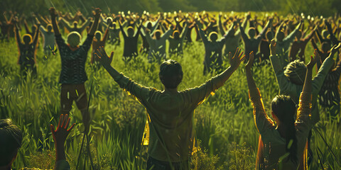 The Resilient Vibrancy of Liberty: A lush green field, with a group of diverse people raising their arms in unity, embracing their shared values.