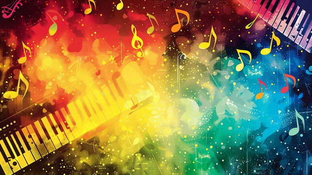 Colorful Musical Notes with Piano Keys Background