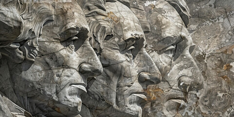 The Enduring Spirit of the Founding Fathers: A somber portrayal of George Washington, Thomas Jefferson, and Abraham Lincoln, their weathered faces etched into a marble wall.
