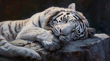 A stunning photograph of a white tiger resting on a rock with a pensive expression, reflecting the beauty, strength, and contemplative nature of this magnificent animal.