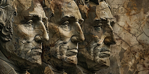 The Enduring Spirit of the Founding Fathers: A somber portrayal of George Washington, Thomas Jefferson, and Abraham Lincoln, their weathered faces etched into a marble wall.