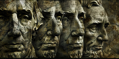 The Enduring Spirit of the Founding Fathers: A somber portrayal of George Washington, Thomas Jefferson, and Abraham Lincoln, their weathered faces etched into a marble wall.