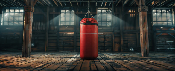 Red punching bag in an old wooden gym with cinematic lighting