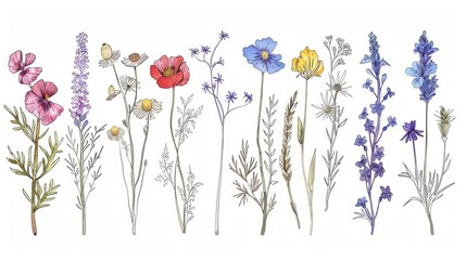 A vibrant and detailed botanical illustration displaying a colorful array of wildflowers, each intricately drawn to highlight the beauty and diversity of nature's blooms.