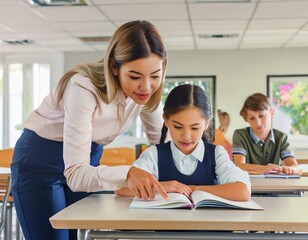 Nauczycielka wskazująca coś palcem w książce i tłumacząca uczennicy jakieś zagadnienie. Motyw nauki i nauczania w szkole podstawowej, początku roku szkolnego