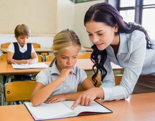 Nauczycielka wskazująca coś palcem w książce i tłumacząca uczennicy jakieś zagadnienie. Motyw nauki i nauczania w szkole podstawowej, początku roku szkolnego