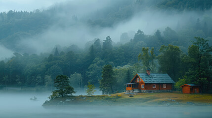 Fototapeta premium Isolated house in the mountain with fog, northern European farm in the countryside