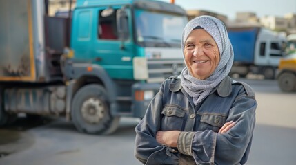 Fototapeta premium Senior Middle Eastern Woman Smiling in Front of Trucks, Diversity, Industrial Worker, Outdoor Scene, Candid Portrait for Print, Web Design, Posters