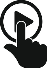Black and white icon of a hand pushing the play button on a music or video player
