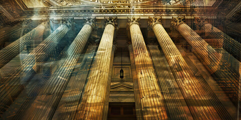 Obraz premium Constitutional Cathedral: A close-up of the United States Constitution, framed by the columns of an ancient temple.