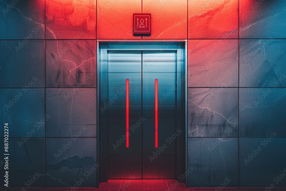 Poster An elevator with a red and blue exterior in a building, suitable for use in architecture or interior design contexts