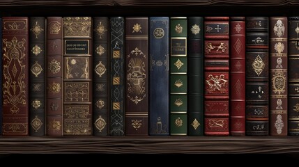 A row of leather-bound books with ornate gold designs sit on a wooden shelf
