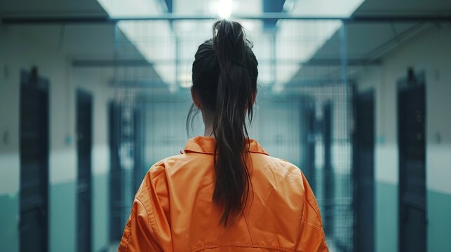 A person is seen from behind, wearing an orange jumpsuit, walking through a desolate prison corridor. The image captures the isolation and confinement experienced within such walls.